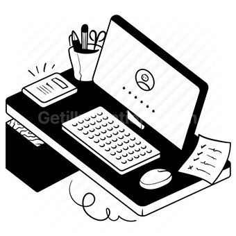 tasks, task, workspace, office, computer, notebook, supplies