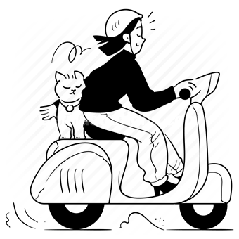 ride, bike, scooter, woman, people, person, cat, pet