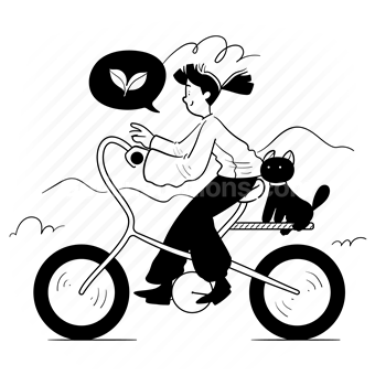 ride, bike, bicycle, transport, green, leaf, woman, people, cat, pet