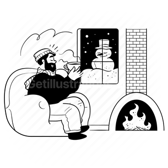 winter, chill, snowflakes, hot cocoa, fireplace, living room, man, people, snowman