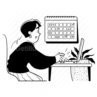 home, office, laptop, computer, calendar, plant, man, people, schedule