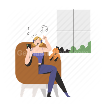 music, listen, entertainment, home, chair, cat, pet animal, person, character, people