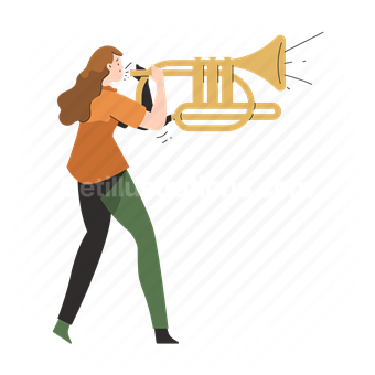 trumpet, announcement, marketing, newsletter, notification, woman, instrument, entertainment