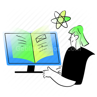 science, monitor, screen, computer, woman, book, read, reading