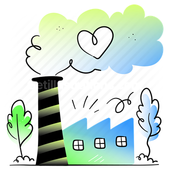 eco, factory, industry, building, heart, cloud, chimney, tree