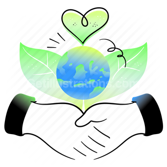 eco, hand, gesture, deal, shake, planet, globe, earth, heart, leaf