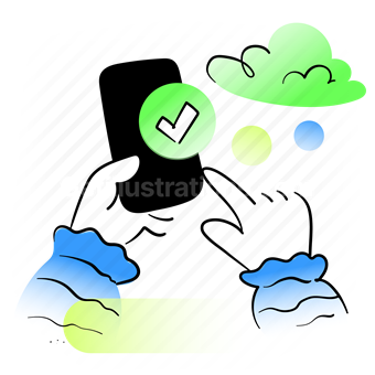 checkmark, approve, complete, confirm, device, cloud, hand, gesture