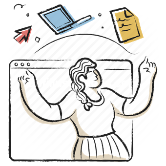 woman, people, laptop, document, arrow, workflow, tasks, website, webpage