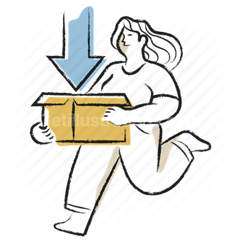transfer, box, arrow, down, shipping, delivery, woman, people