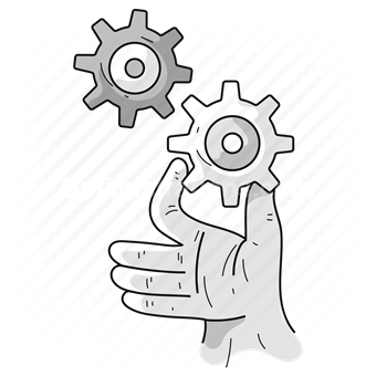 hand, gesture, gear, cogwheel, preferences, options, maintenance