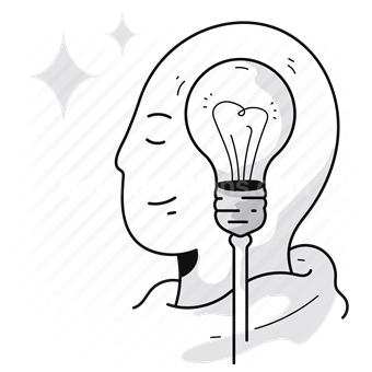 idea, thought, lightbulb, mind, head, person, thinking, development
