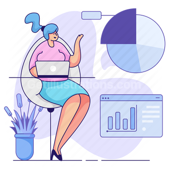 woman, pie chart, laptop, computer, analytics