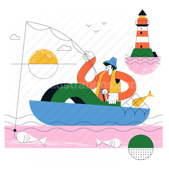 man, fishing, pole, boat, lighthouse, fish