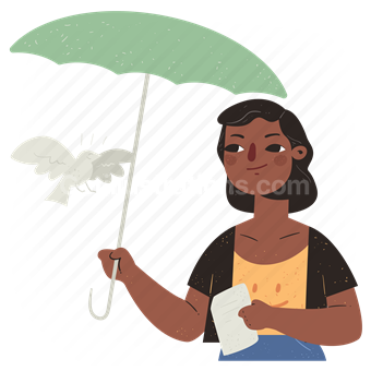 umbrella, protection, bird, animal, outdoors, woman, person