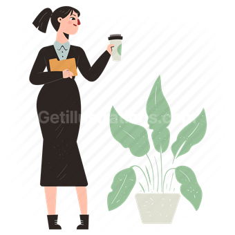 woman, coffee, file, folder, person