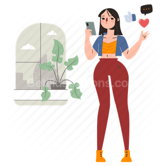 woman, girl, social network, comment, like, window, plant