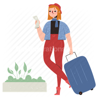 woman, luggage, suitcase, person, ticket