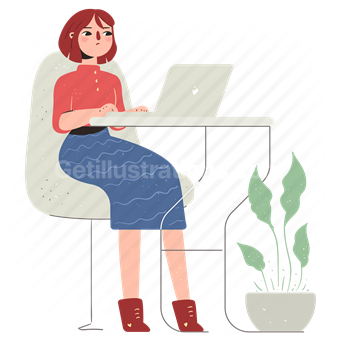 furniture, desk, woman, computer, office, person, plant