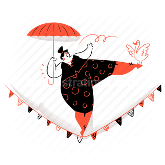 balance, umbrella, woman, bird, animal, activity, hobby