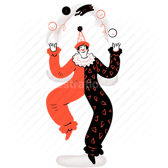 clown, performance, juggle, juggling, act, activity, occupation