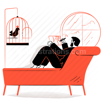 couch, draw, drawing, bird, birdcage, window, home, furniture