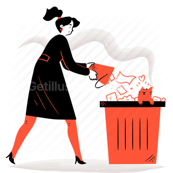 trash, delete, remove, rubbish, garbage, recycle, woman, cat