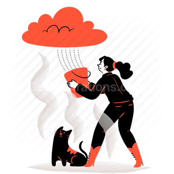rain, raining, cloud, bucket, catch, global warming, woman, cat