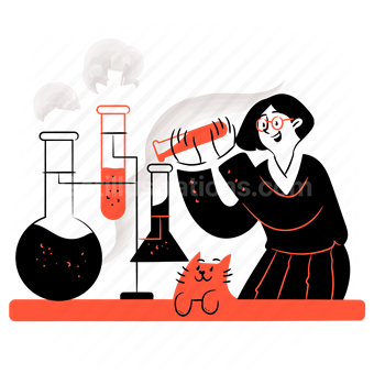 science, chemistry, test tube, laboratory, woman, cat, scientist