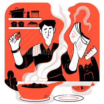 cooking, cook, kitchen, chef, man, home, cat, recipe, pot, plate