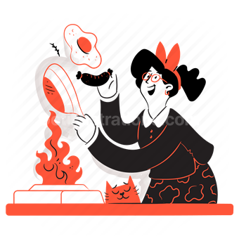cooking, cook, kitchen, pan, egg, sausage, woman, cat, fire, flame, stove