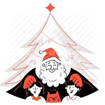 christmas, santa, claus, tree, children, child, cat, animal, family