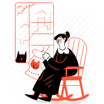 elder, elderly, woman, knitting, cat, pet, window, rocking chair, craft, hobby