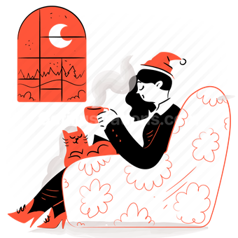 home, armchair, woman, cat, drink, beverage, window, winter, christmas