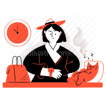 woman, late, clock, time, watch, cat, sleeping, handbag, bag