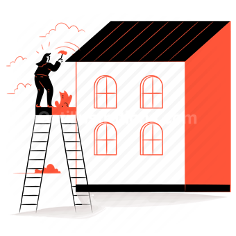 roof, repair, ladder, house, home, cat, animal, pet, woman, fix