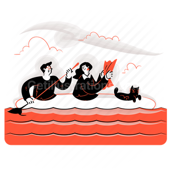canoe, boat, couple, man, woman, cat, map, sea, ocean