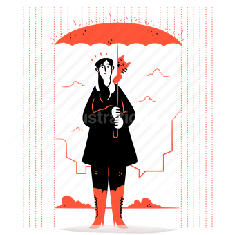 umbrella, rain, raining, woman, cat, outdoors, city