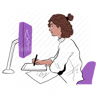 laptop, computer, electronic, device, tablet, pen, draw, write, woman, people