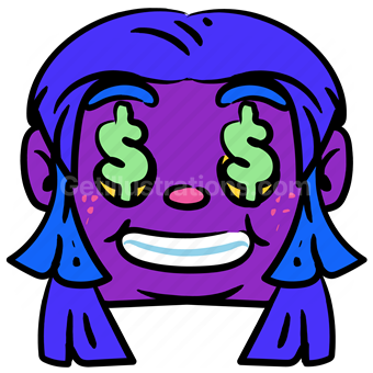 smiley, face, sticker, greed, greedy, money, cash, woman, female