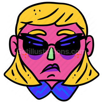 smiley, face, sticker, sunglasses, woman, female, upset, angry, annoyed
