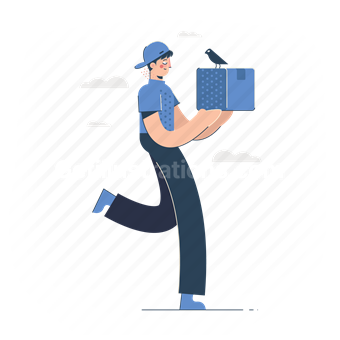 man, shipping, box, package, bird