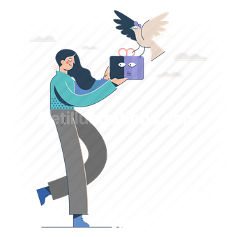 woman, shipping, commerce, package, box, bird