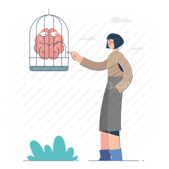 innovation, woman, cage, brain, thought