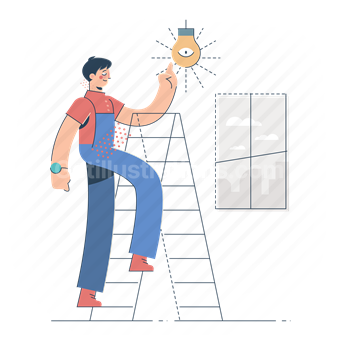 man, light, lightbulb, innovation, ladder