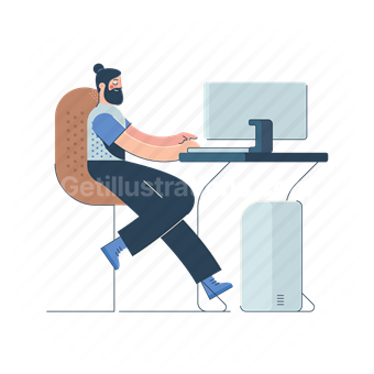 man, work, office, furniture, desk, computer