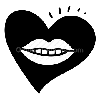 heart shape, smiling mouth, teeth, simple black and white, Vector illustration