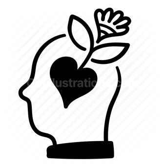 heart icon, head with leaves, human mind, environment, Vector illustration