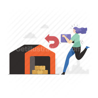 logistic, warehouse, box, package, return, woman, person, character, people