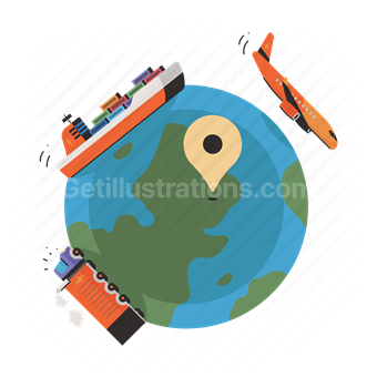 international, shipment, pin, marker, plane, ship, truck