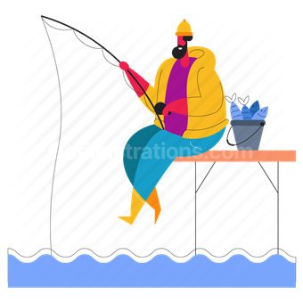 fishing, man, dock, fish, fishing pole